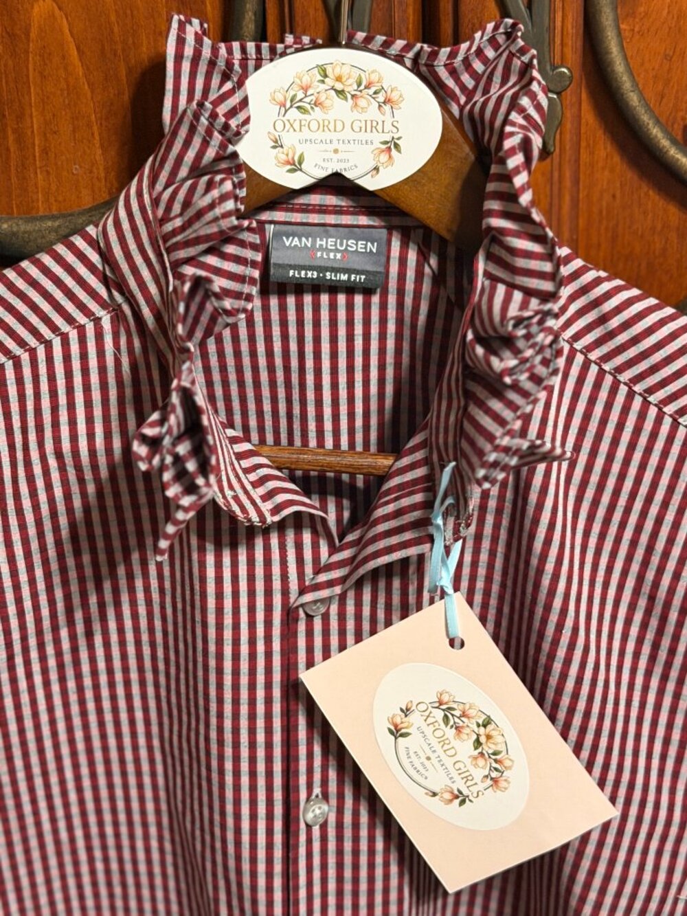 Upcycled Burgundy Stripe Ruffle Collar Blouse | Women’s Size Medium